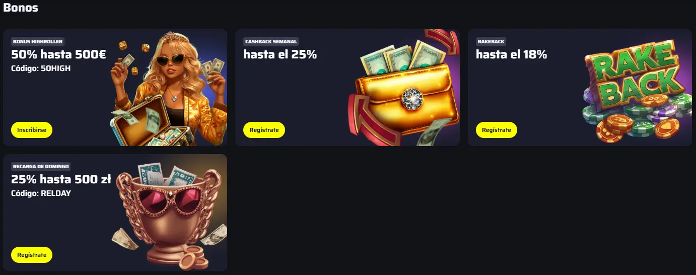 Sección de bonos de BDMBet con las promociones highroller, cashback semanal, rakeback y recarga de domingo