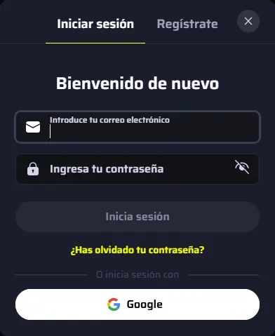 Ventana de inicio de sesión de BDMBet con campos de correo y contraseña